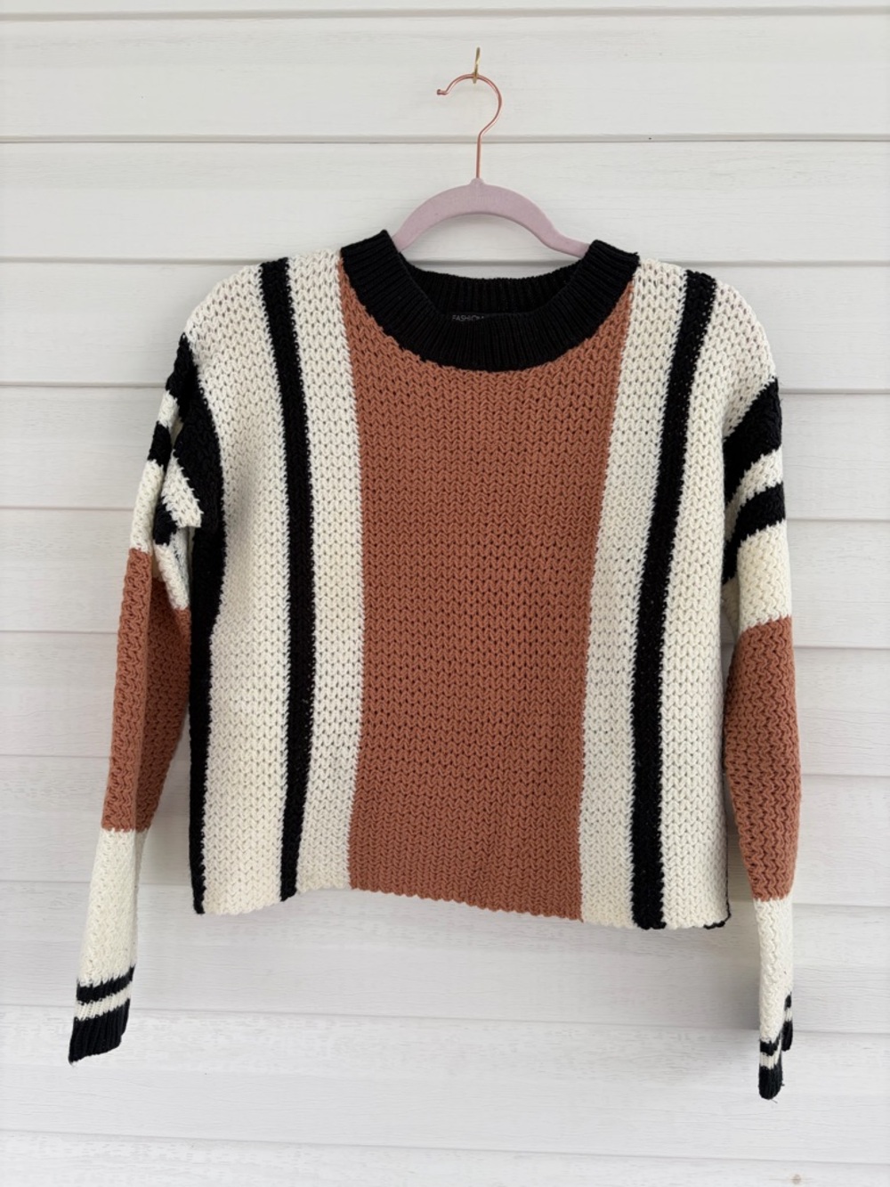Fashion Nova Brown, White, and Black Striped Sweater